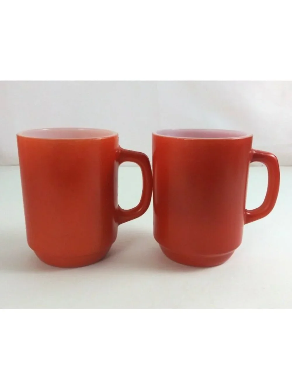 Vintage Set Of 2 Fire King Anchor Hocking D Handle Orange Milk Glass Coffee Cups